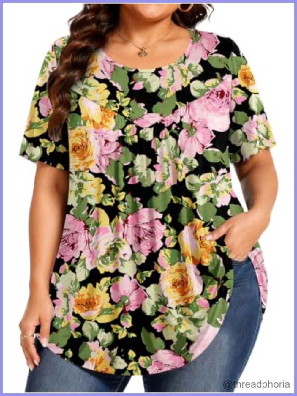 Plus Size Short Sleeve Floral Tunic Top Curved Hem Blouse